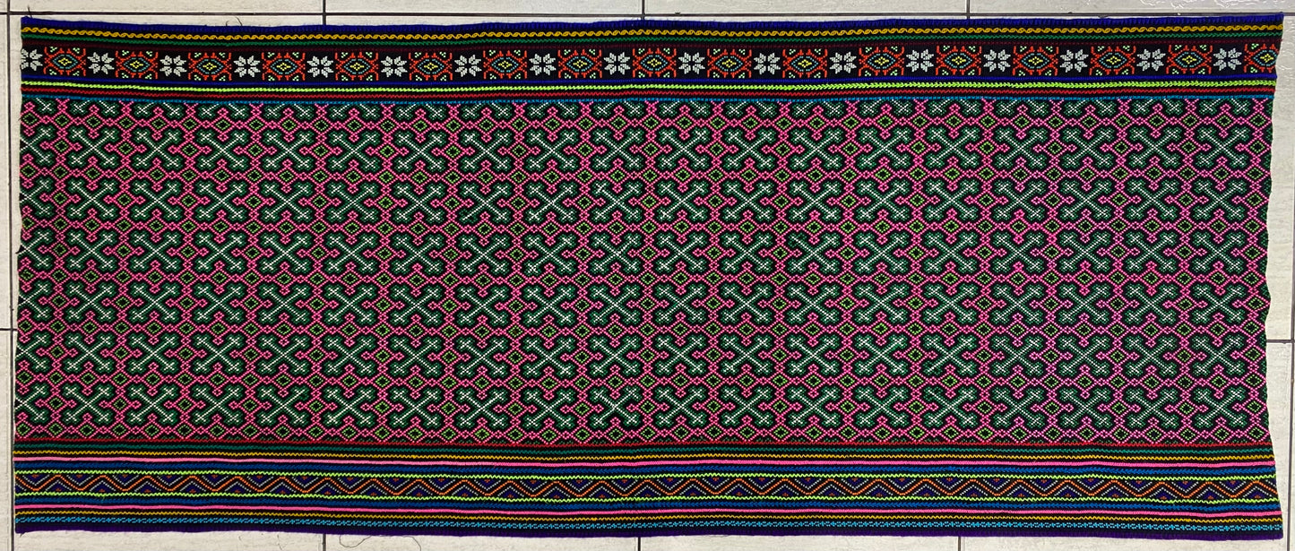 Shipibo Conibo Kené Tabletop Tapestry Hand Embroidered Peruvian Tablecloth Textile Ceremonial Amazonian Shamanic Altar 63”x 26”