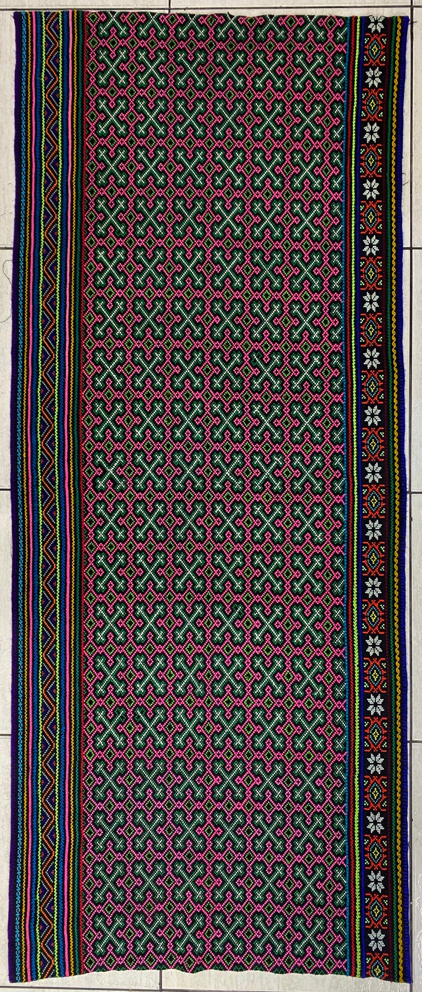 Shipibo Conibo Kené Tabletop Tapestry Hand Embroidered Peruvian Tablecloth Textile Ceremonial Amazonian Shamanic Altar 63”x 26”