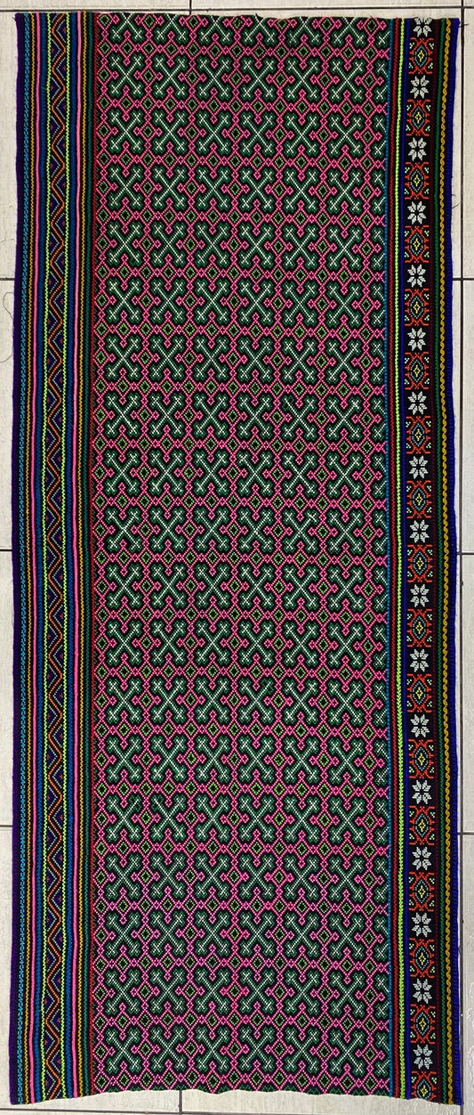 Shipibo Conibo Kené Tabletop Tapestry Hand Embroidered Peruvian Tablecloth Textile Ceremonial Amazonian Shamanic Altar 63”x 26”