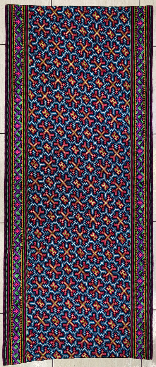 Shipibo Conibo Kené Tabletop Tapestry Hand Embroidered Peruvian Tablecloth Textile Ceremonial Amazonian Shamanic Altar 63”x 27”