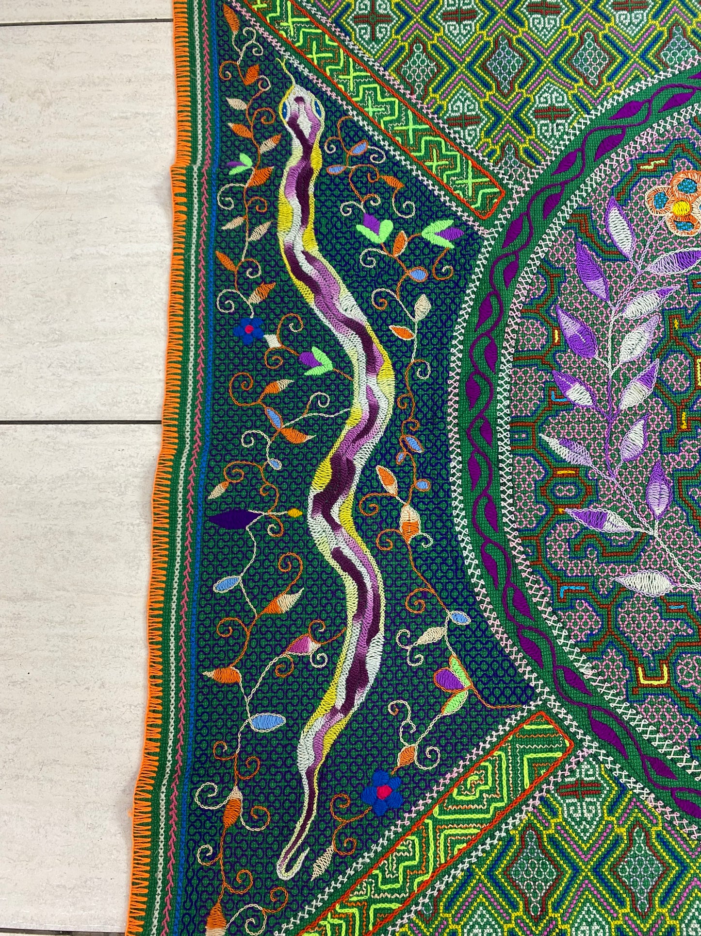 Shipibo Conibo Kené Tabletop Tapestry Hand Embroidered Peruvian Tablecloth Textile Ceremonial Amazonian Shamanic Altar 54”x 41”