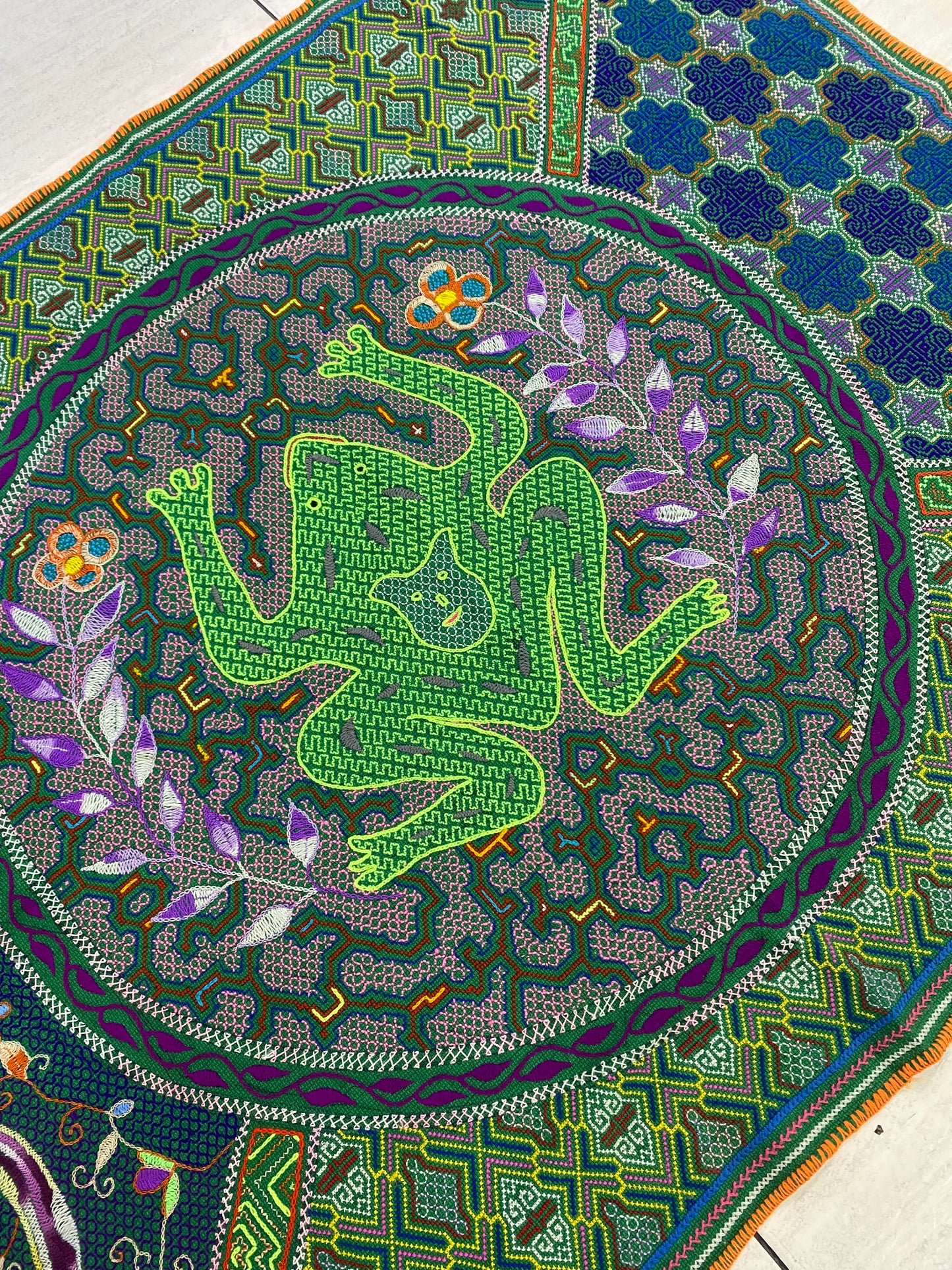 Shipibo Conibo Kené Tabletop Tapestry Hand Embroidered Peruvian Tablecloth Textile Ceremonial Amazonian Shamanic Altar 54”x 41”