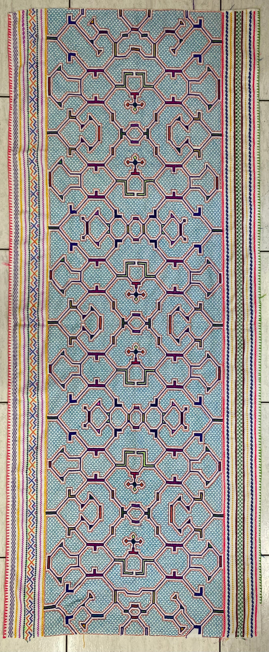 Shipibo Conibo Kené Tabletop Tapestry Hand Embroidered Peruvian Tablecloth Textile Ceremonial Amazonian Shamanic Altar 66”x 27”