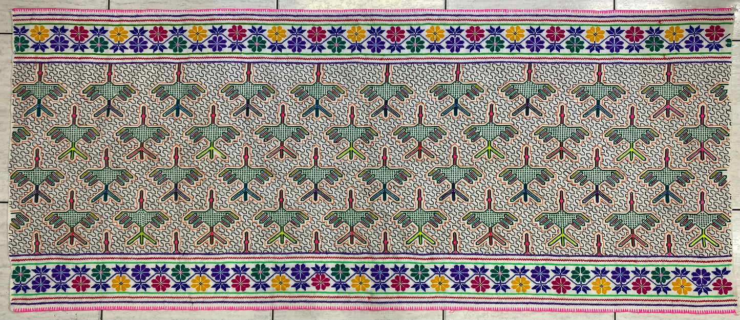 Shipibo Conibo Kené Tabletop Tapestry Hand Embroidered Peruvian Tablecloth Textile Ceremonial Amazonian Shamanic Altar 68”x 28.5”