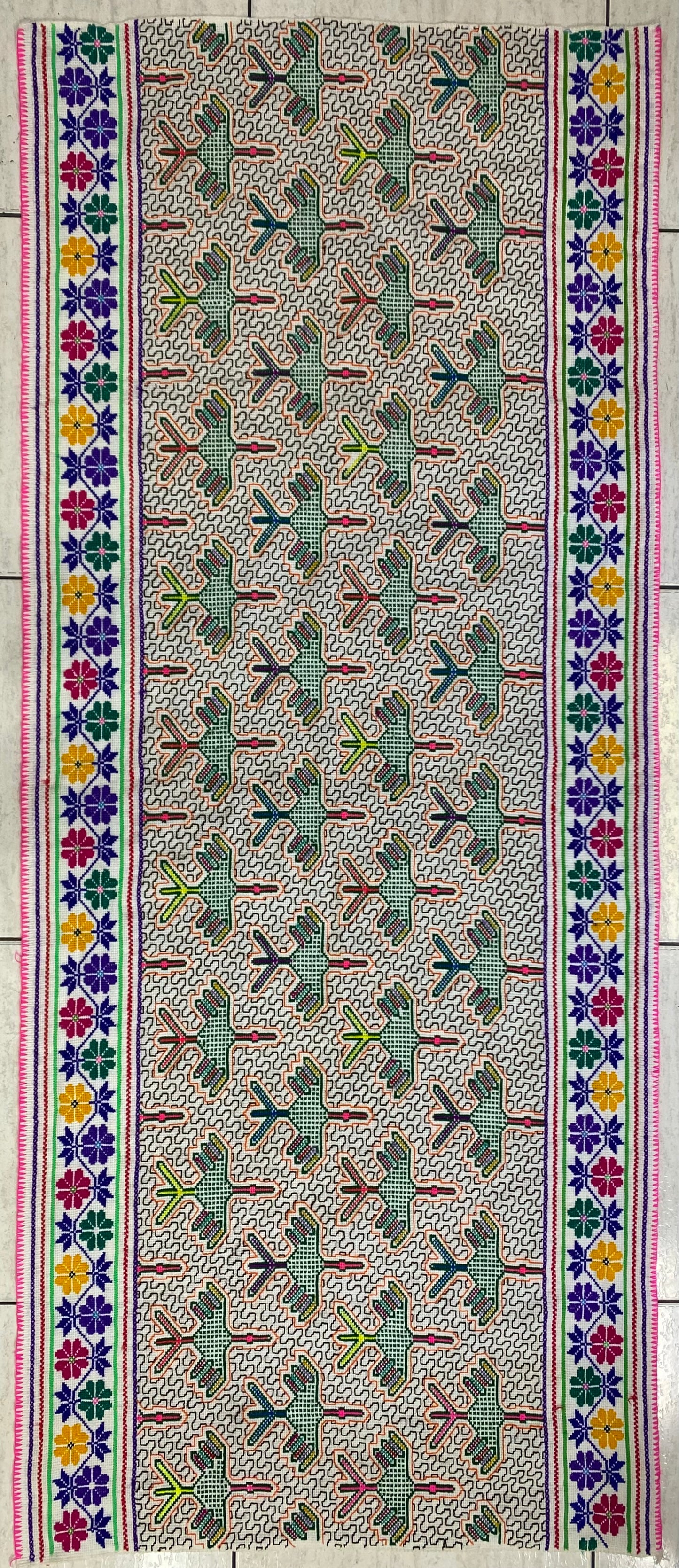 Shipibo Conibo Kené Tabletop Tapestry Hand Embroidered Peruvian Tablecloth Textile Ceremonial Amazonian Shamanic Altar 68”x 28.5”
