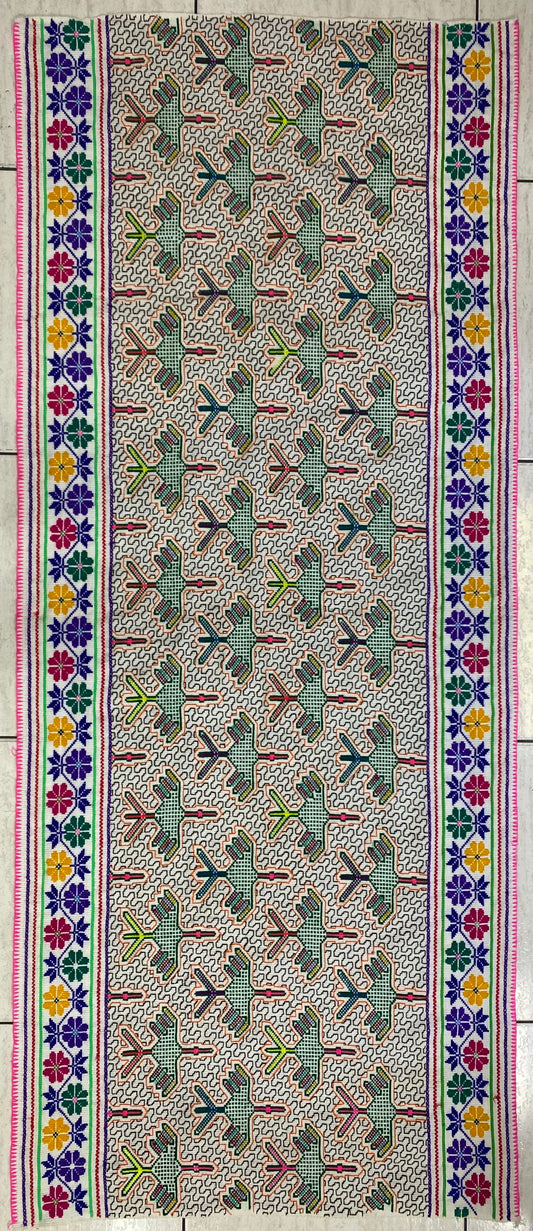 Shipibo Conibo Kené Tabletop Tapestry Hand Embroidered Peruvian Tablecloth Textile Ceremonial Amazonian Shamanic Altar 68”x 28.5”