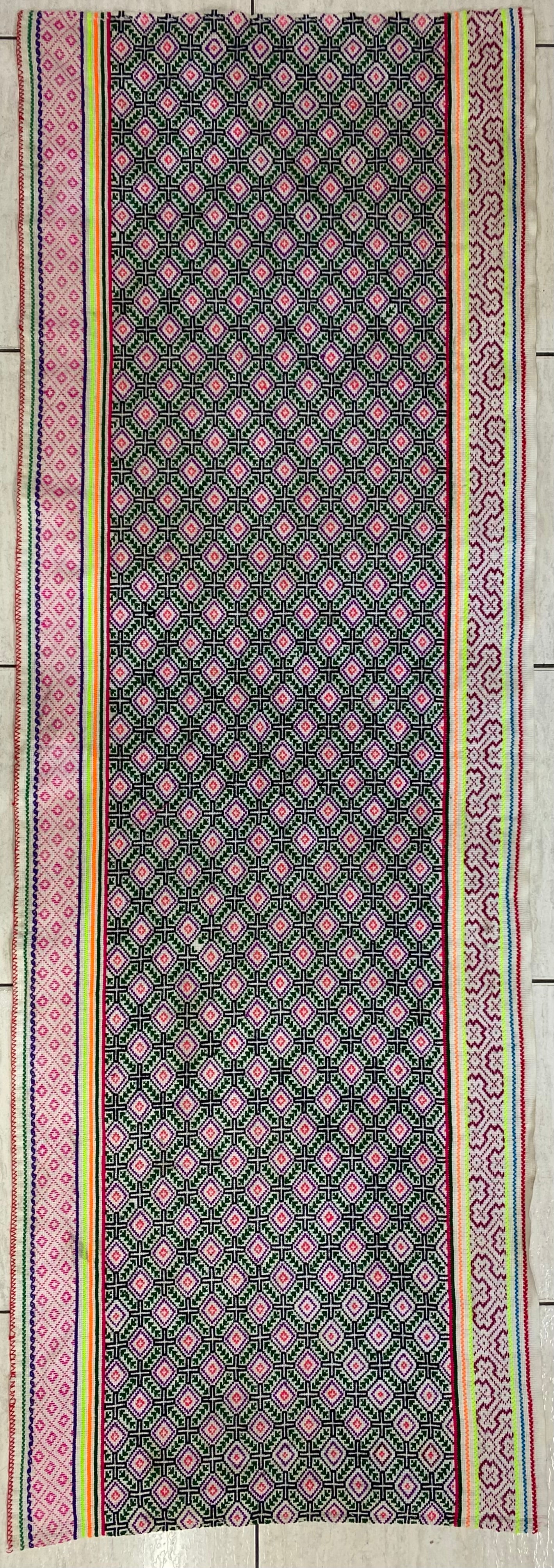 Shipibo Conibo Kené Tabletop Tapestry Hand Embroidered Peruvian Tablecloth Textile Ceremonial Amazonian Shamanic Altar 76.5”x 26.5”
