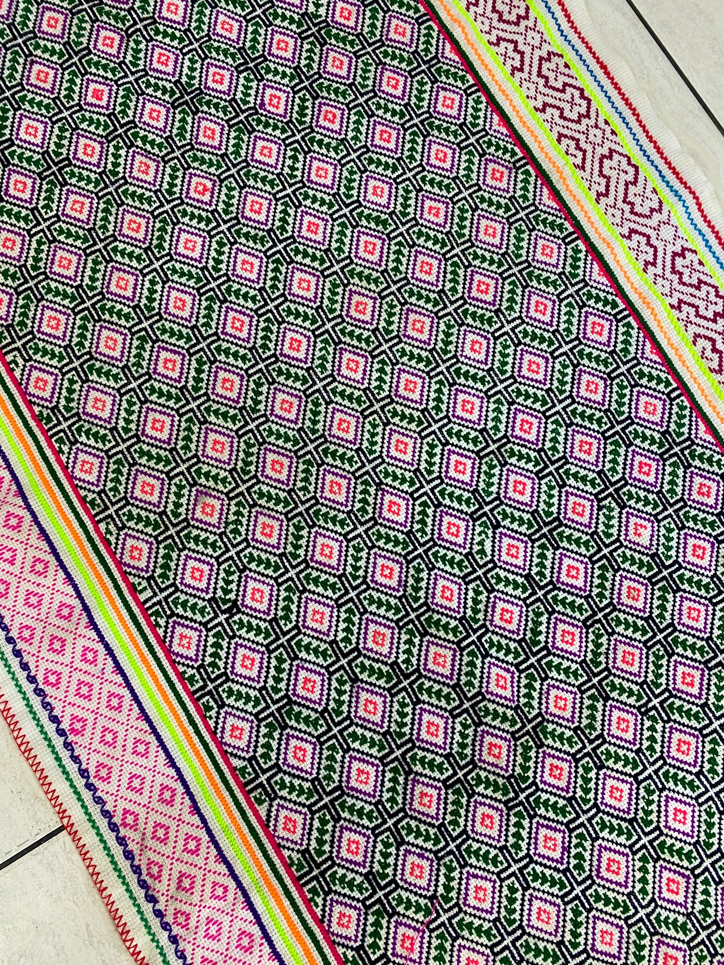 Shipibo Conibo Kené Tabletop Tapestry Hand Embroidered Peruvian Tablecloth Textile Ceremonial Amazonian Shamanic Altar 76.5”x 26.5”