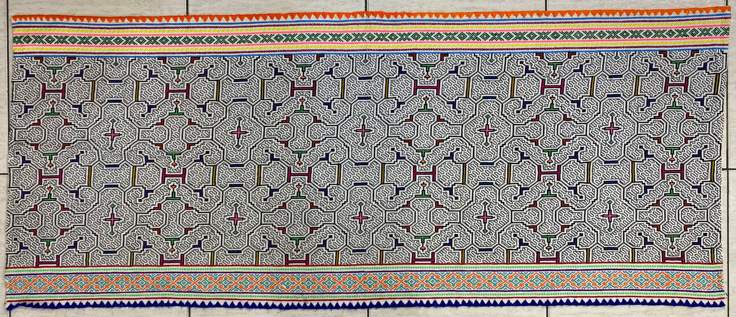 Shipibo Conibo Kené Tabletop Tapestry Hand Embroidered Peruvian Tablecloth Textile Ceremonial Amazonian Shamanic Altar 65”x 27”