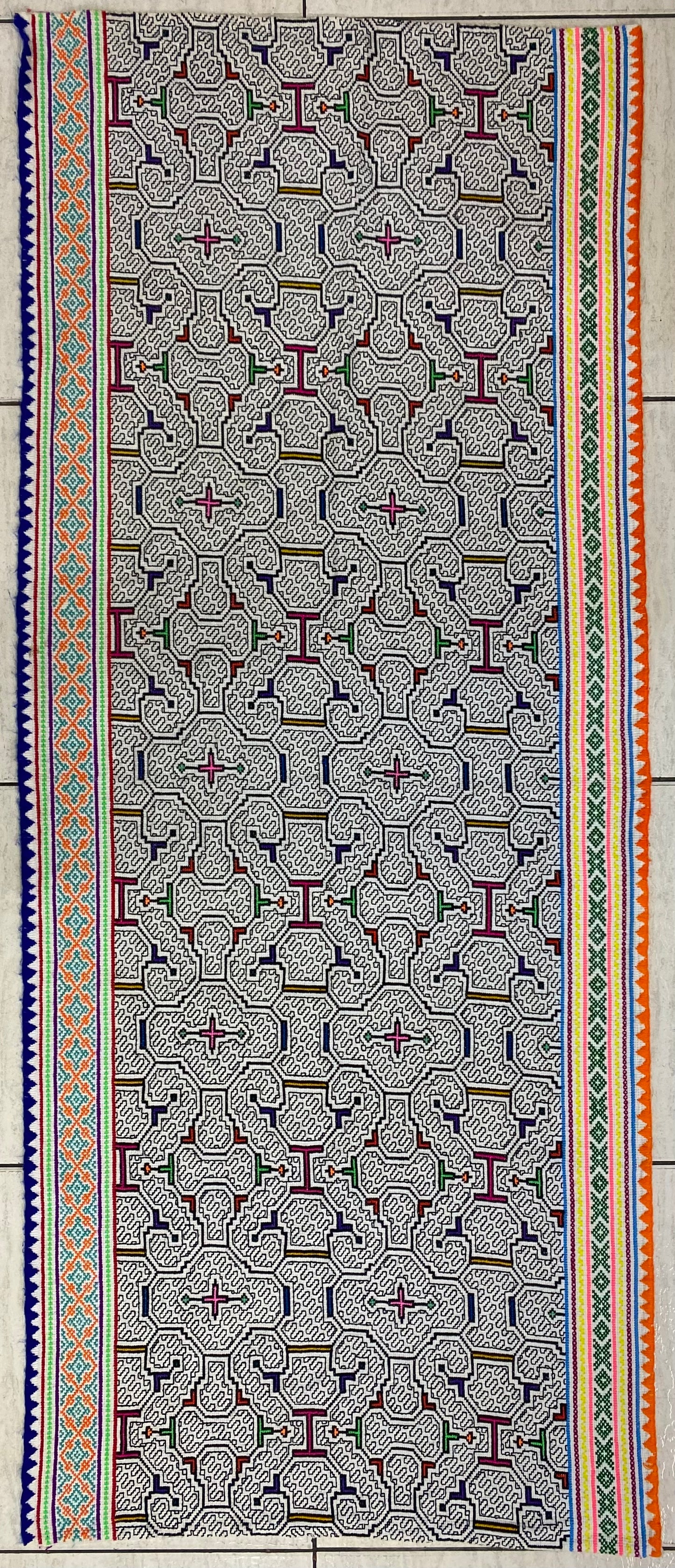 Shipibo Conibo Kené Tabletop Tapestry Hand Embroidered Peruvian Tablecloth Textile Ceremonial Amazonian Shamanic Altar 65”x 27”