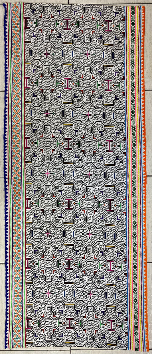 Shipibo Conibo Kené Tabletop Tapestry Hand Embroidered Peruvian Tablecloth Textile Ceremonial Amazonian Shamanic Altar 65”x 27”