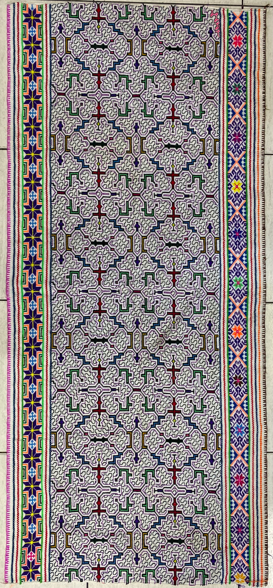 Shipibo Conibo Kené Tabletop Tapestry Hand Embroidered Peruvian Tablecloth Textile Ceremonial Amazonian Shamanic Altar 62”x 27.5”