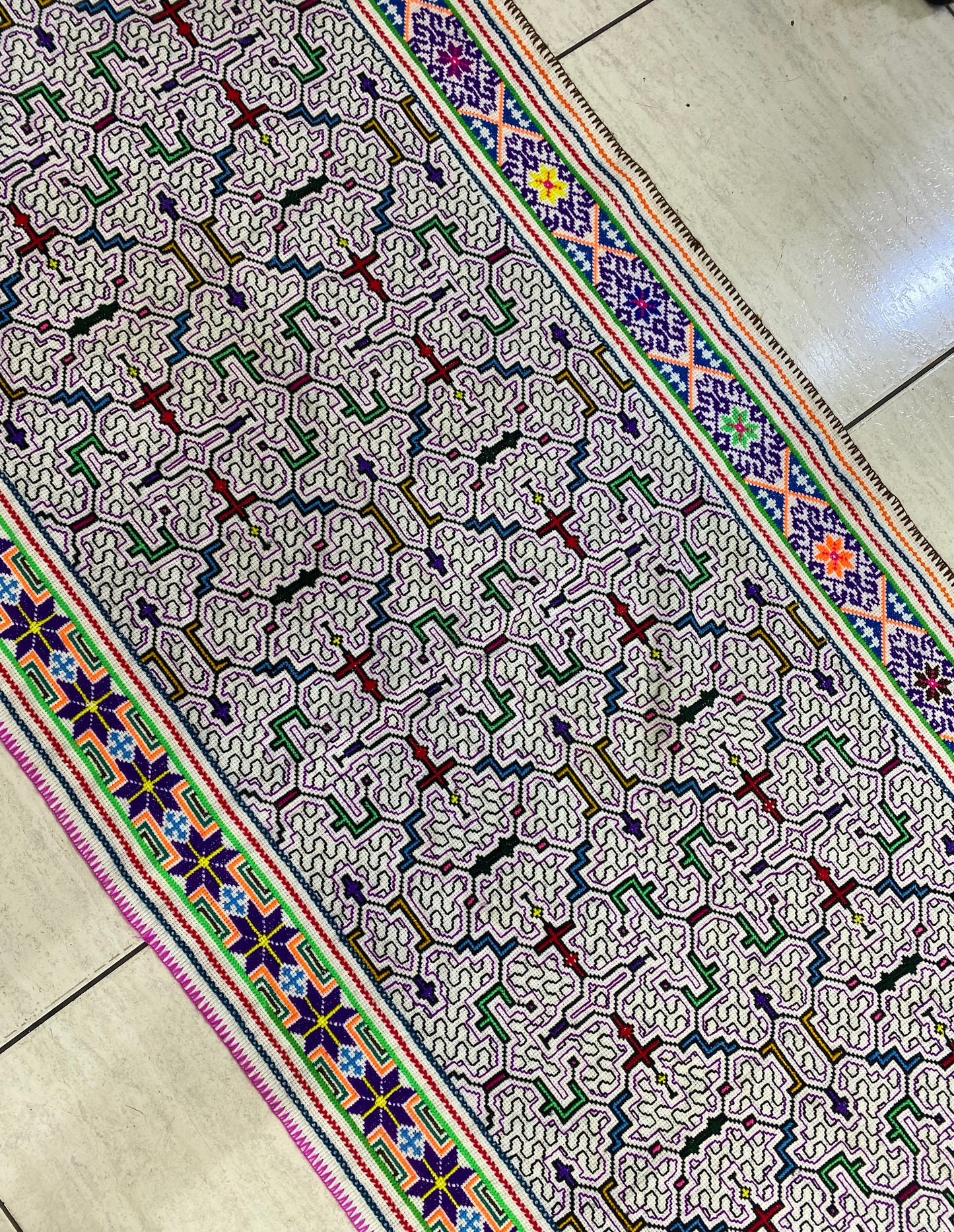 Shipibo Conibo Kené Tabletop Tapestry Hand Embroidered Peruvian Tablecloth Textile Ceremonial Amazonian Shamanic Altar 62”x 27.5”