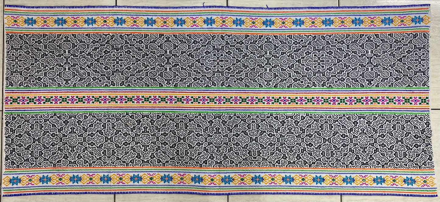 Shipibo Conibo Kené Tabletop Tapestry Hand Embroidered Peruvian Tablecloth Textile Ceremonial Amazonian Shamanic Altar 62”x 27”