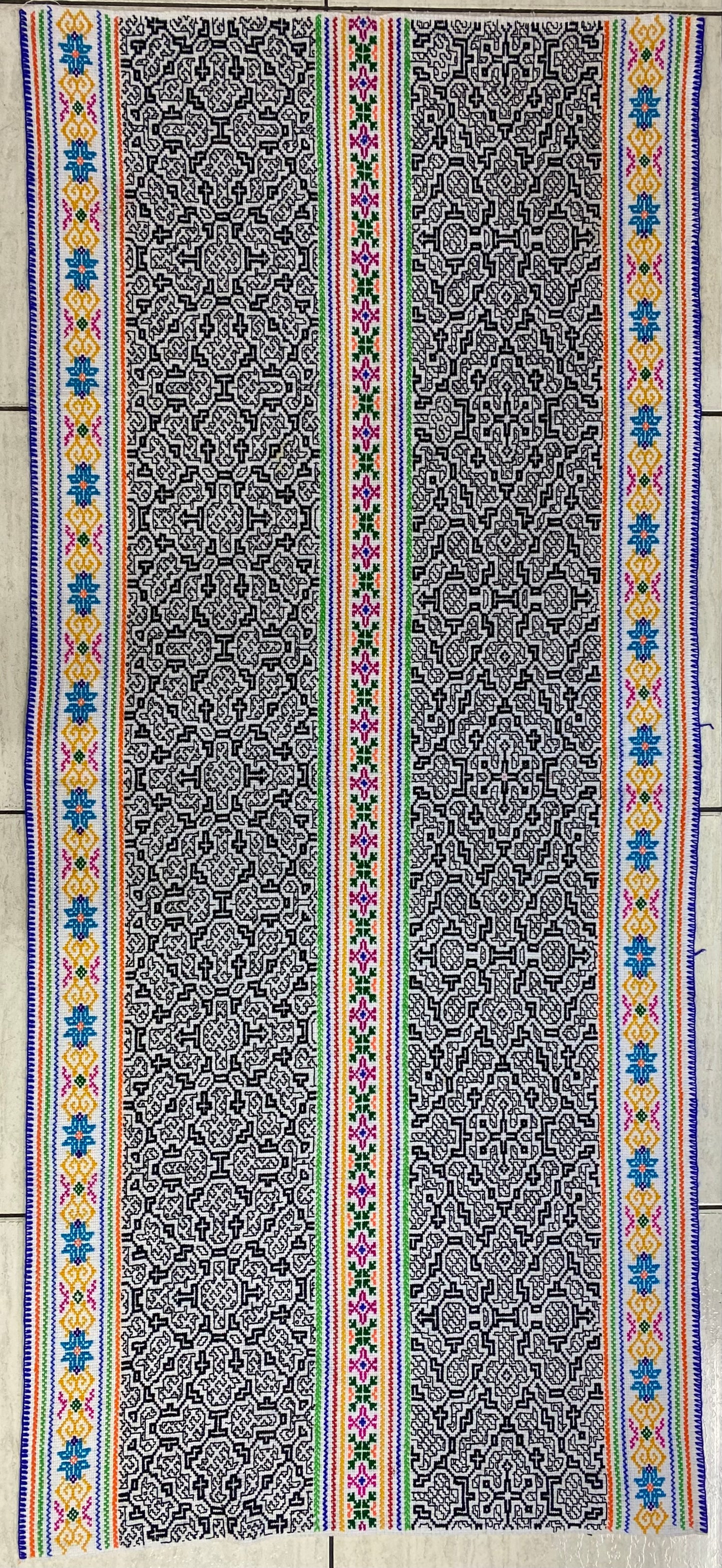 Shipibo Conibo Kené Tabletop Tapestry Hand Embroidered Peruvian Tablecloth Textile Ceremonial Amazonian Shamanic Altar 62”x 27”
