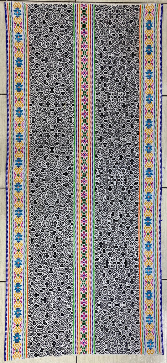 Shipibo Conibo Kené Tabletop Tapestry Hand Embroidered Peruvian Tablecloth Textile Ceremonial Amazonian Shamanic Altar 62”x 27”