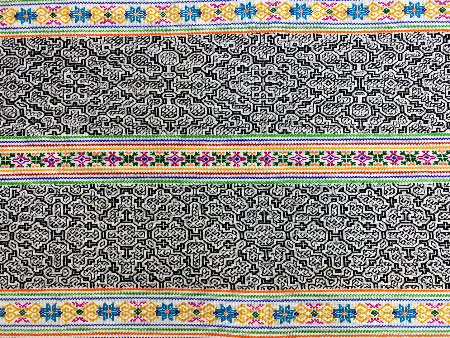 Shipibo Conibo Kené Tabletop Tapestry Hand Embroidered Peruvian Tablecloth Textile Ceremonial Amazonian Shamanic Altar 62”x 27”