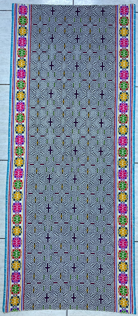 Shipibo Conibo Kené Tabletop Tapestry Hand Embroidered Peruvian Tablecloth Textile Ceremonial Amazonian Shamanic Altar 65”x 26”