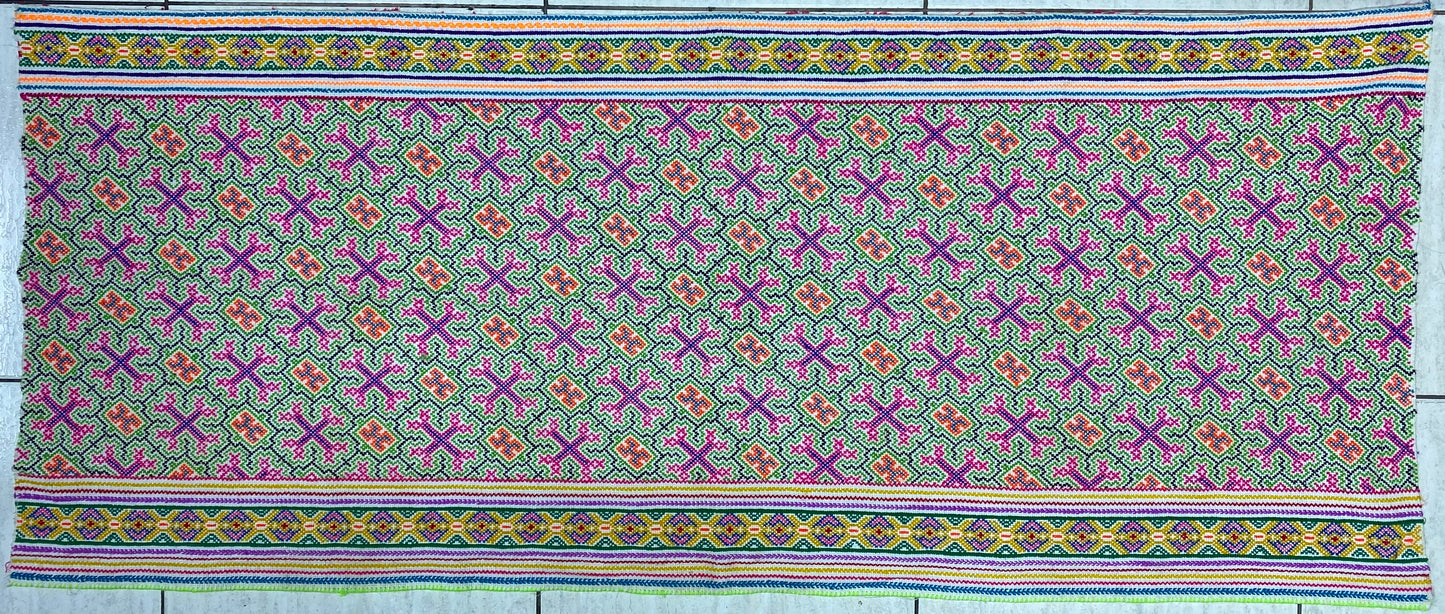 Shipibo Conibo Kené Tabletop Tapestry Hand Embroidered Peruvian Tablecloth Textile Ceremonial Amazonian Shamanic Altar 59”x 24.5”