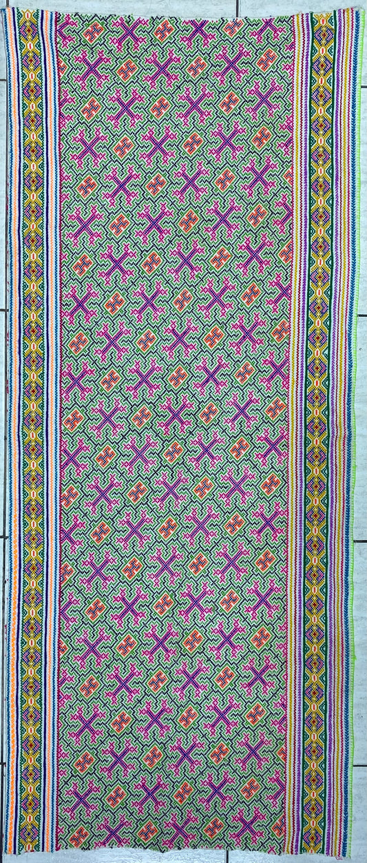 Shipibo Conibo Kené Tabletop Tapestry Hand Embroidered Peruvian Tablecloth Textile Ceremonial Amazonian Shamanic Altar 59”x 24.5”