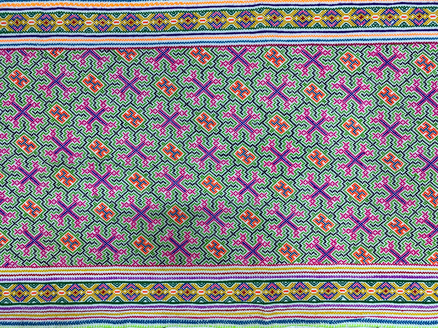 Shipibo Conibo Kené Tabletop Tapestry Hand Embroidered Peruvian Tablecloth Textile Ceremonial Amazonian Shamanic Altar 59”x 24.5”