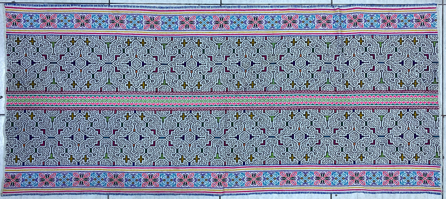 Shipibo Conibo Kené Tabletop Tapestry Hand Embroidered Peruvian Tablecloth Textile Ceremonial Amazonian Shamanic Altar 64”x 27.5”