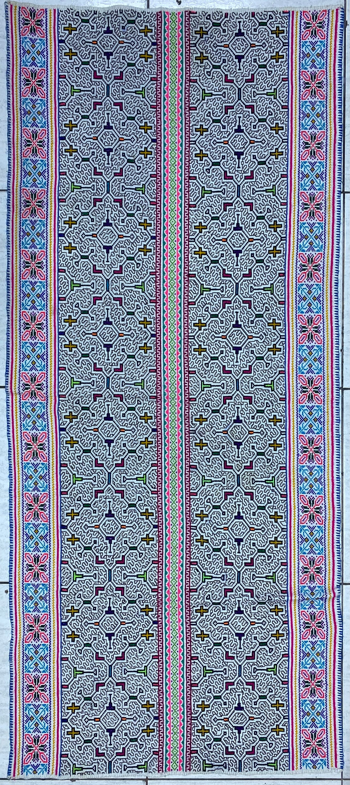 Shipibo Conibo Kené Tabletop Tapestry Hand Embroidered Peruvian Tablecloth Textile Ceremonial Amazonian Shamanic Altar 64”x 27.5”