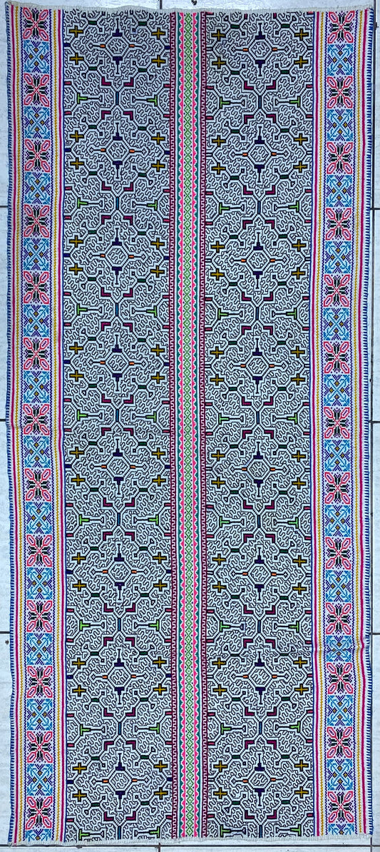 Shipibo Conibo Kené Tabletop Tapestry Hand Embroidered Peruvian Tablecloth Textile Ceremonial Amazonian Shamanic Altar 64”x 27.5”