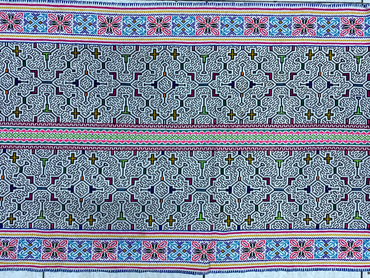 Shipibo Conibo Kené Tabletop Tapestry Hand Embroidered Peruvian Tablecloth Textile Ceremonial Amazonian Shamanic Altar 64”x 27.5”
