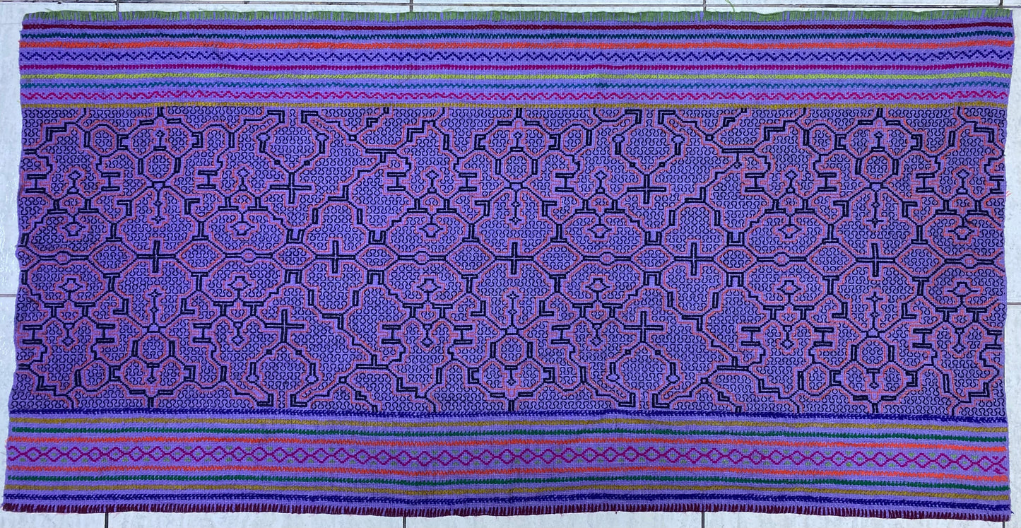 Shipibo Conibo Kené Tabletop Tapestry Hand Embroidered Peruvian Tablecloth Textile Ceremonial Amazonian Shamanic Altar 53”x 27”