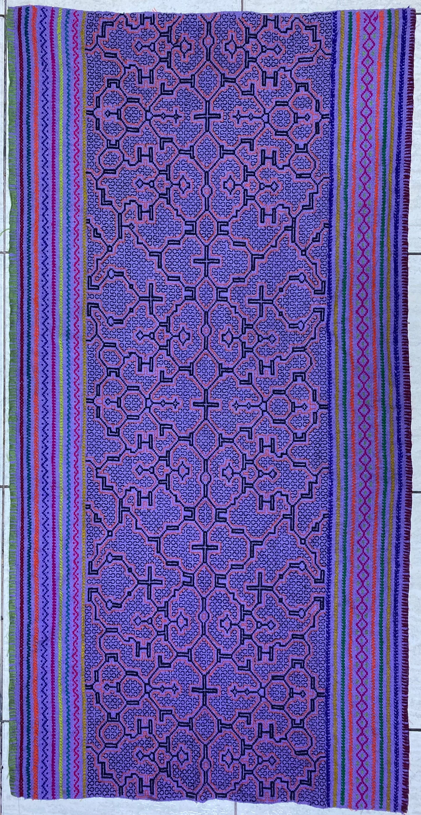 Shipibo Conibo Kené Tabletop Tapestry Hand Embroidered Peruvian Tablecloth Textile Ceremonial Amazonian Shamanic Altar 53”x 27”