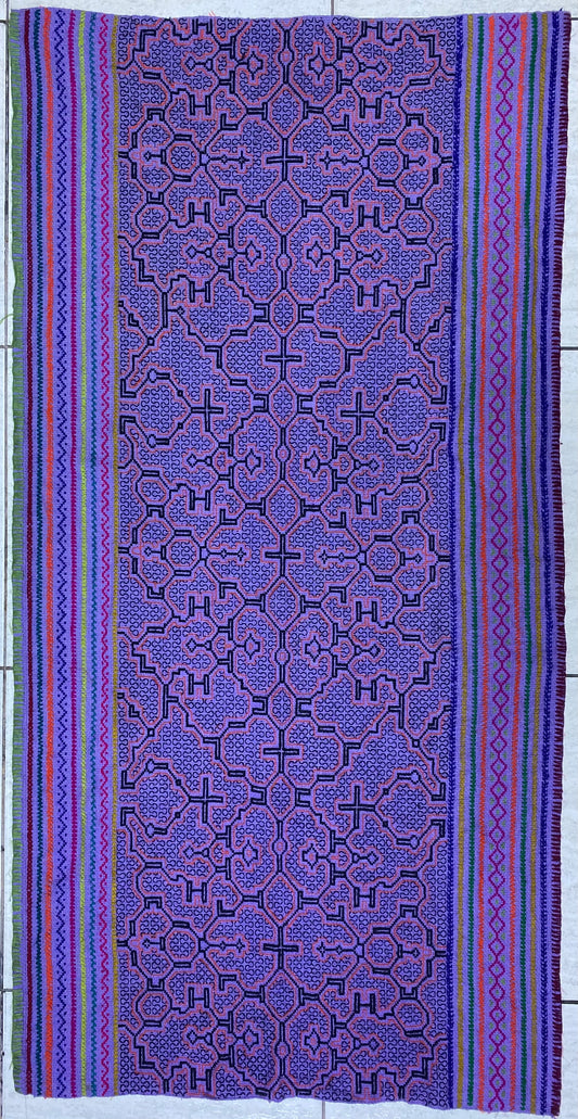 Shipibo Conibo Kené Tabletop Tapestry Hand Embroidered Peruvian Tablecloth Textile Ceremonial Amazonian Shamanic Altar 53”x 27”