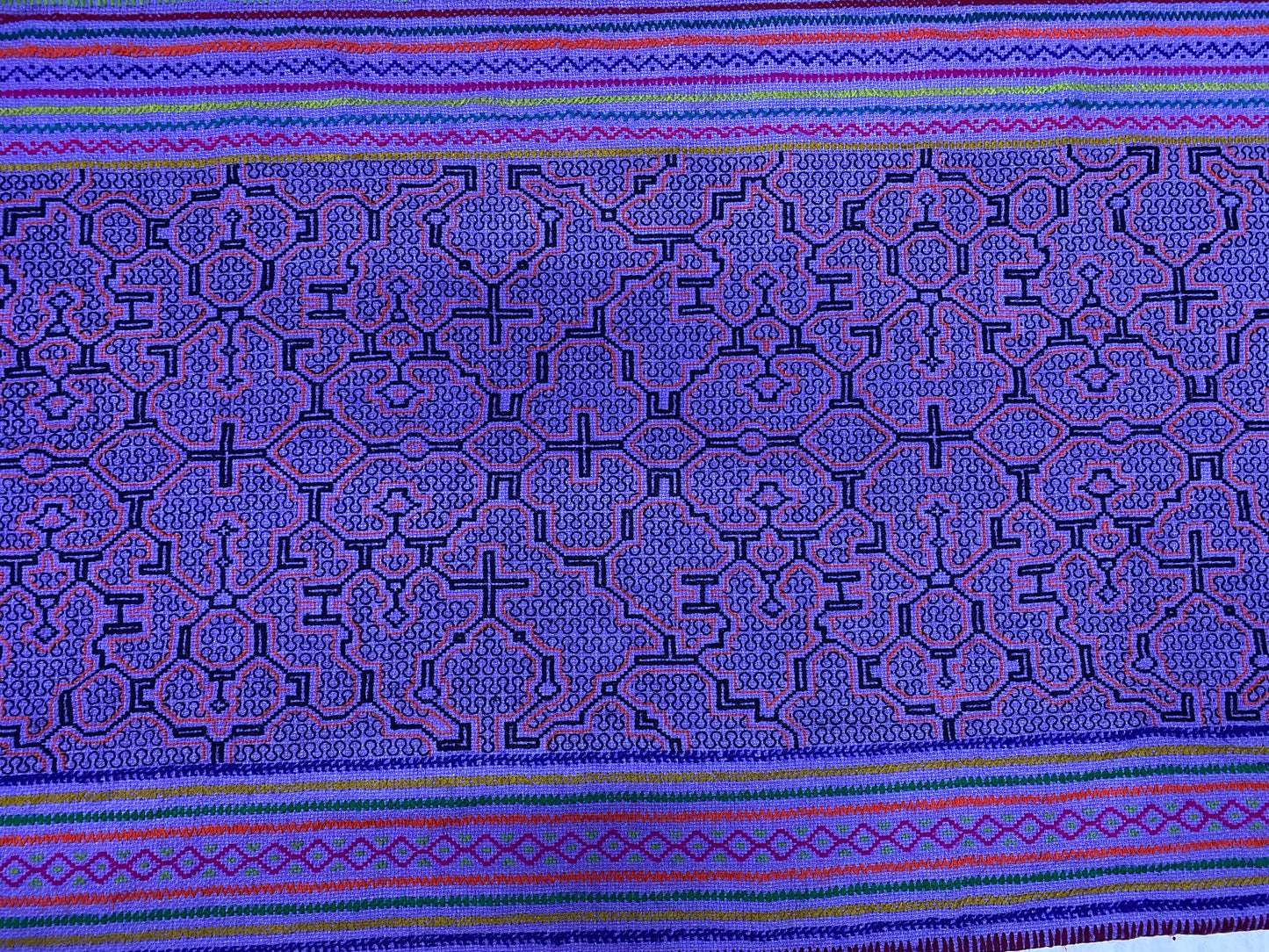 Shipibo Conibo Kené Tabletop Tapestry Hand Embroidered Peruvian Tablecloth Textile Ceremonial Amazonian Shamanic Altar 53”x 27”
