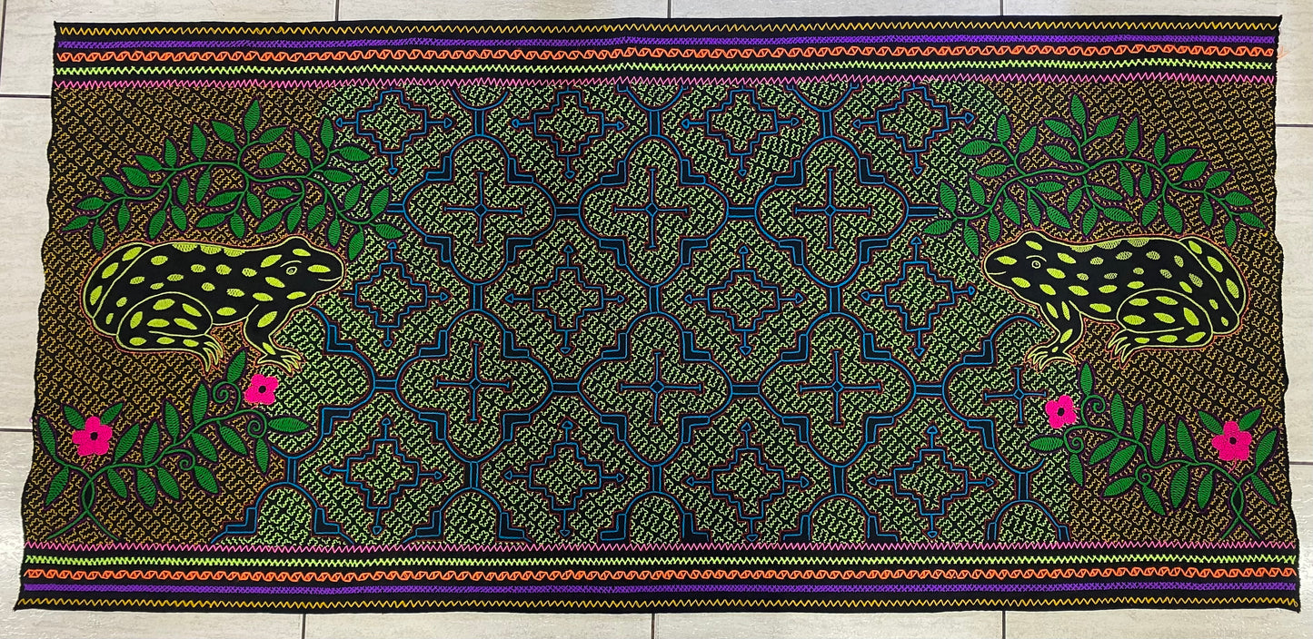 Shipibo Conibo Toad Tabletop Tapestry Hand Embroidered Peruvian Tablecloth Textile Ceremonial Amazonian Shamanic Altar 58.26” x 28.35”