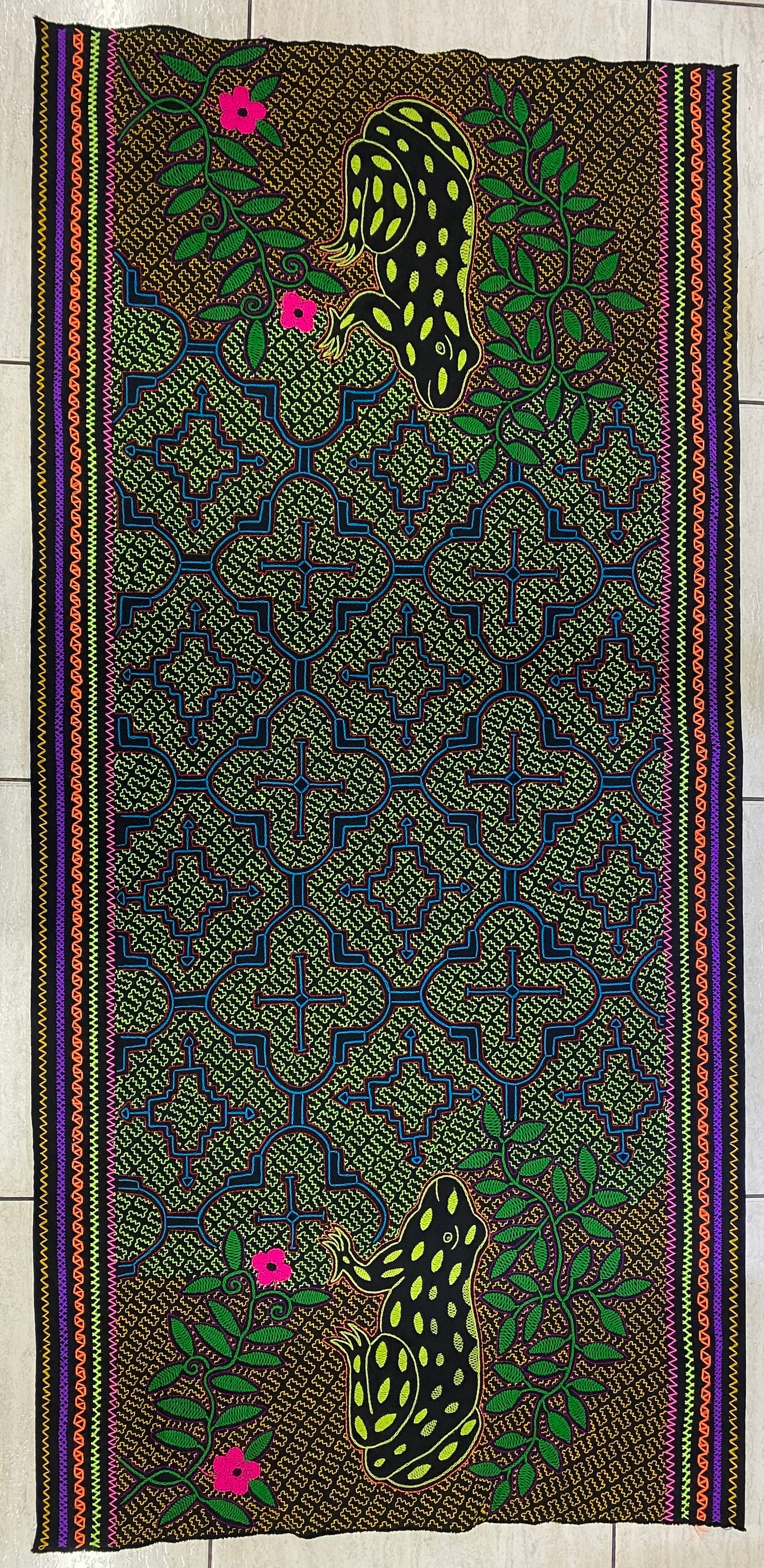Shipibo Conibo Toad Tabletop Tapestry Hand Embroidered Peruvian Tablecloth Textile Ceremonial Amazonian Shamanic Altar 58.26” x 28.35”