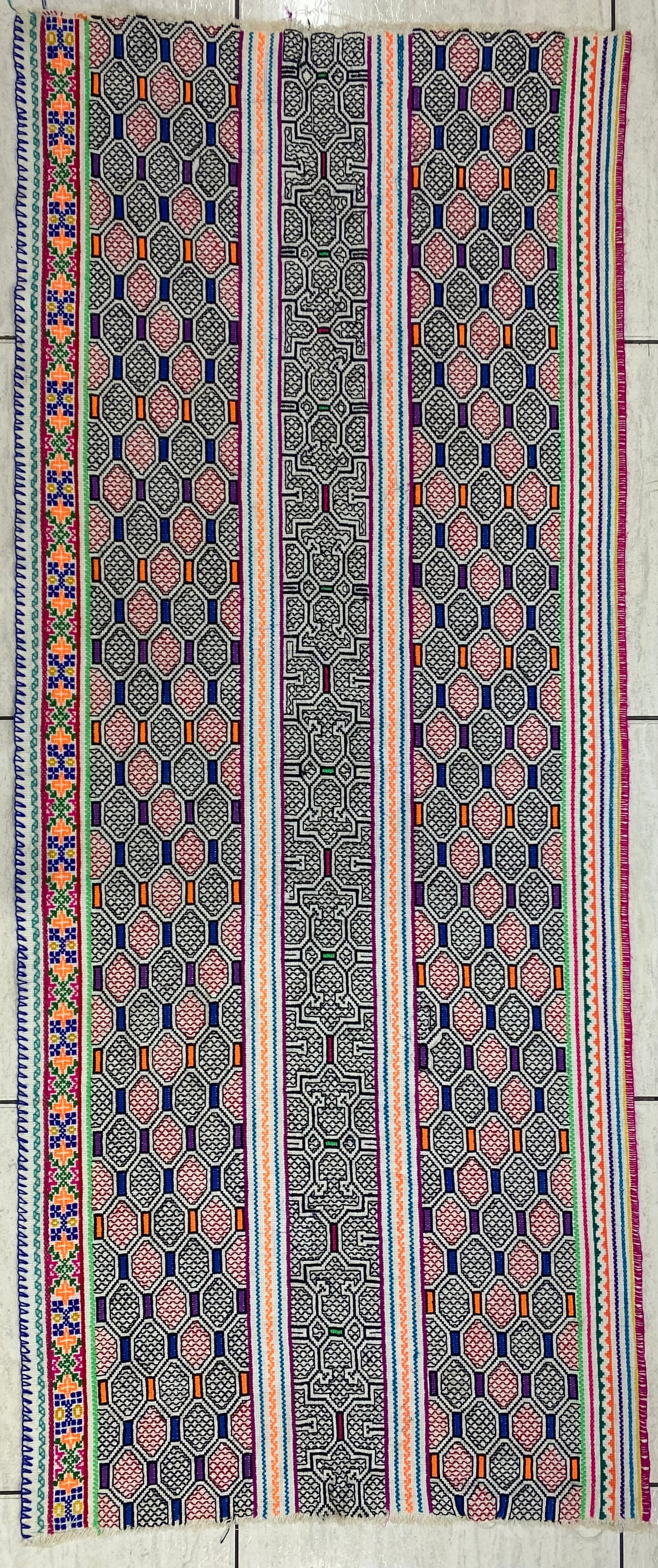 Shipibo Conibo Kené Tabletop Tapestry Hand Embroidered Peruvian Tablecloth Textile Ceremonial Amazonian Shamanic Altar 63”x26”