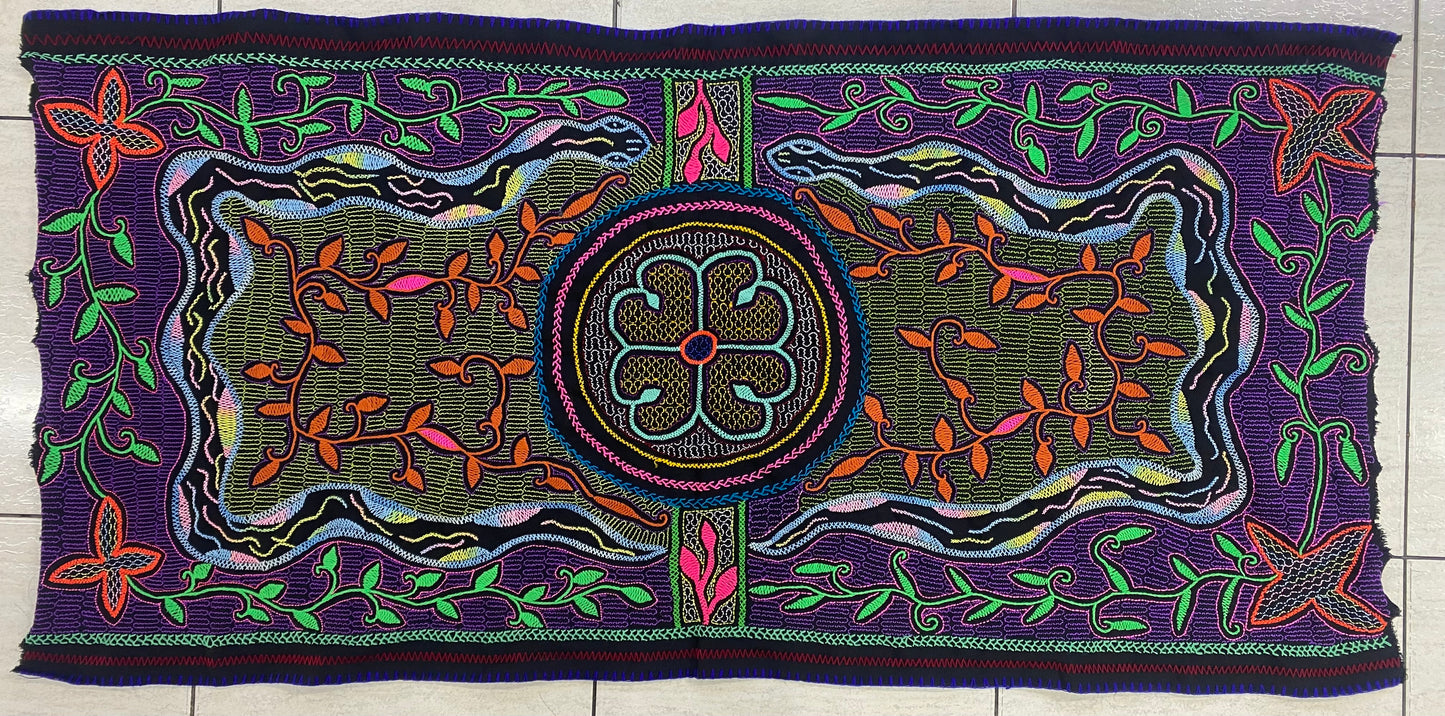Shipibo Conibo Kené Tabletop Tapestry Hand Embroidered Peruvian Tablecloth Textile Ceremonial Amazonian Shamanic Altar 53.14” x 26.77”