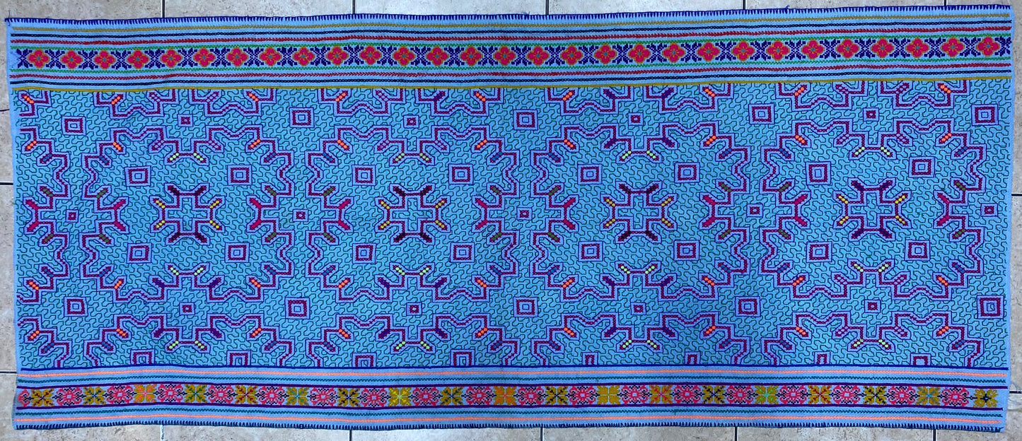 Shipibo Conibo Kené Tabletop Tapestry Hand Embroidered Peruvian Tablecloth Textile Ceremonial Amazonian Shamanic Altar 68”x 28”