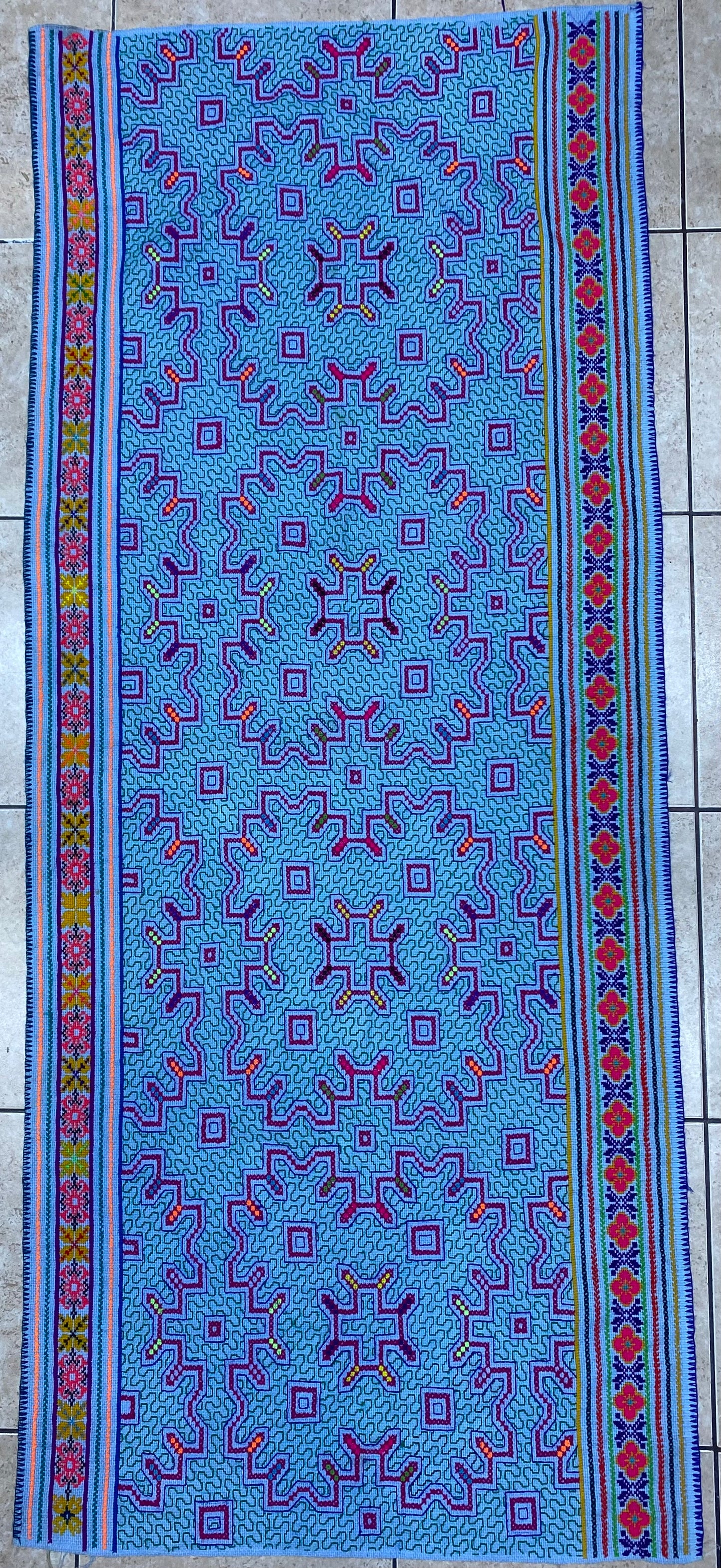 Shipibo Conibo Kené Tabletop Tapestry Hand Embroidered Peruvian Tablecloth Textile Ceremonial Amazonian Shamanic Altar 68”x 28”