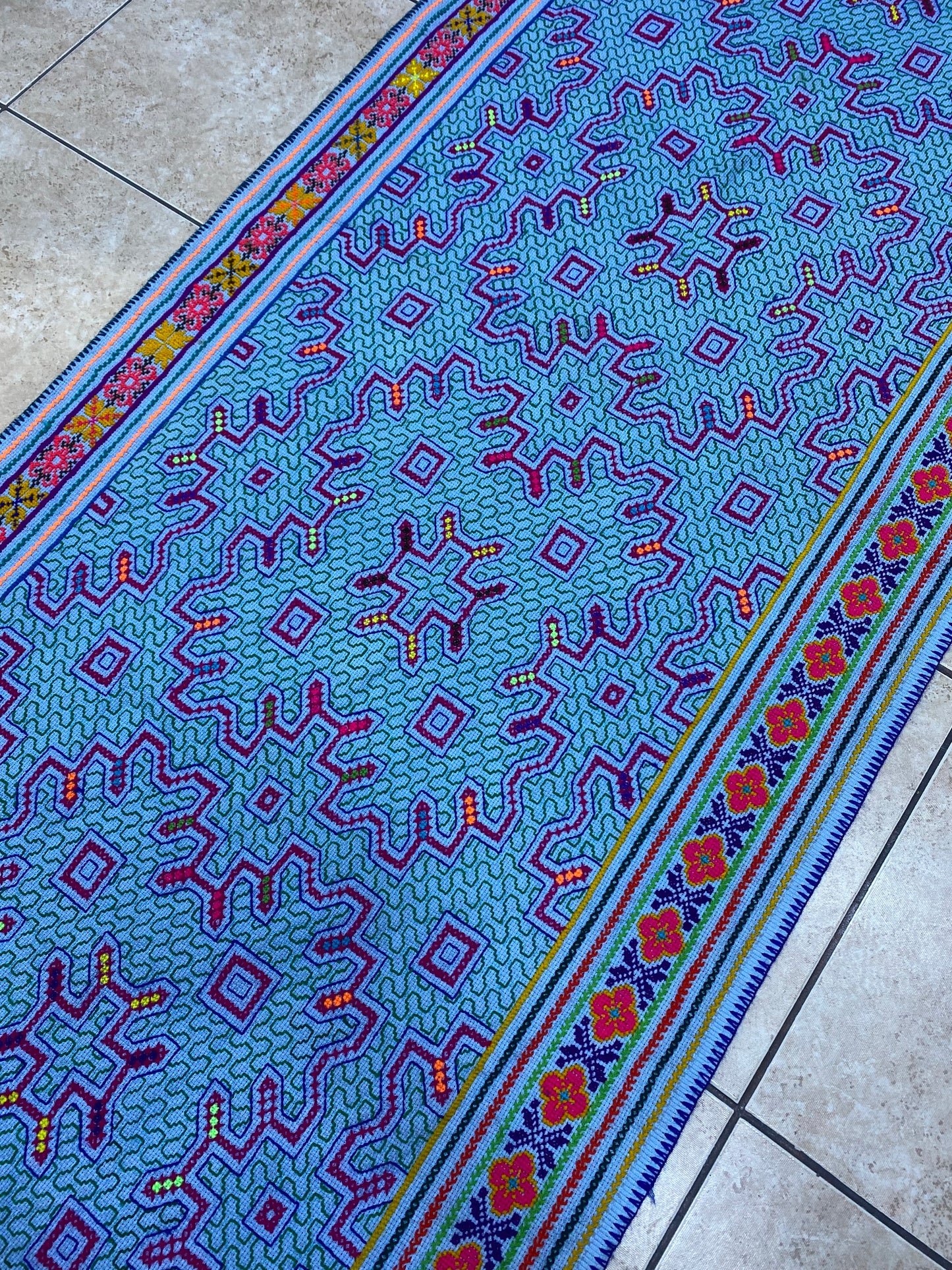 Shipibo Conibo Kené Tabletop Tapestry Hand Embroidered Peruvian Tablecloth Textile Ceremonial Amazonian Shamanic Altar 68”x 28”