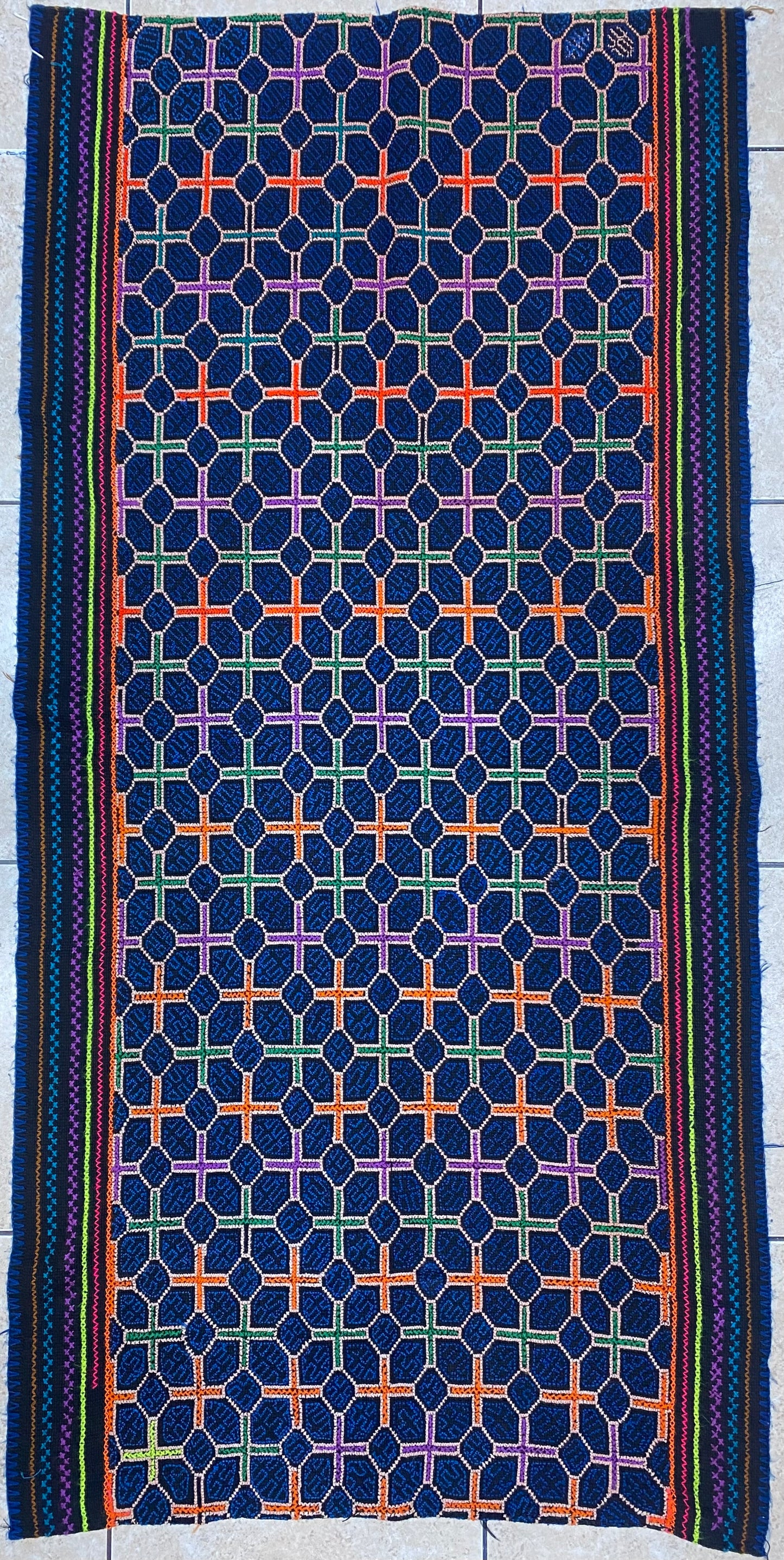 Shipibo Conibo Kené Tabletop Tapestry Hand Embroidered Peruvian Tablecloth Textile Ceremonial Amazonian Shamanic Altar 54”x 26”