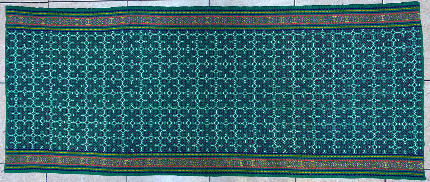 Shipibo Conibo Kené Tabletop Tapestry Hand Embroidered Peruvian Tablecloth Textile Ceremonial Amazonian Shamanic Altar 65”x 26”