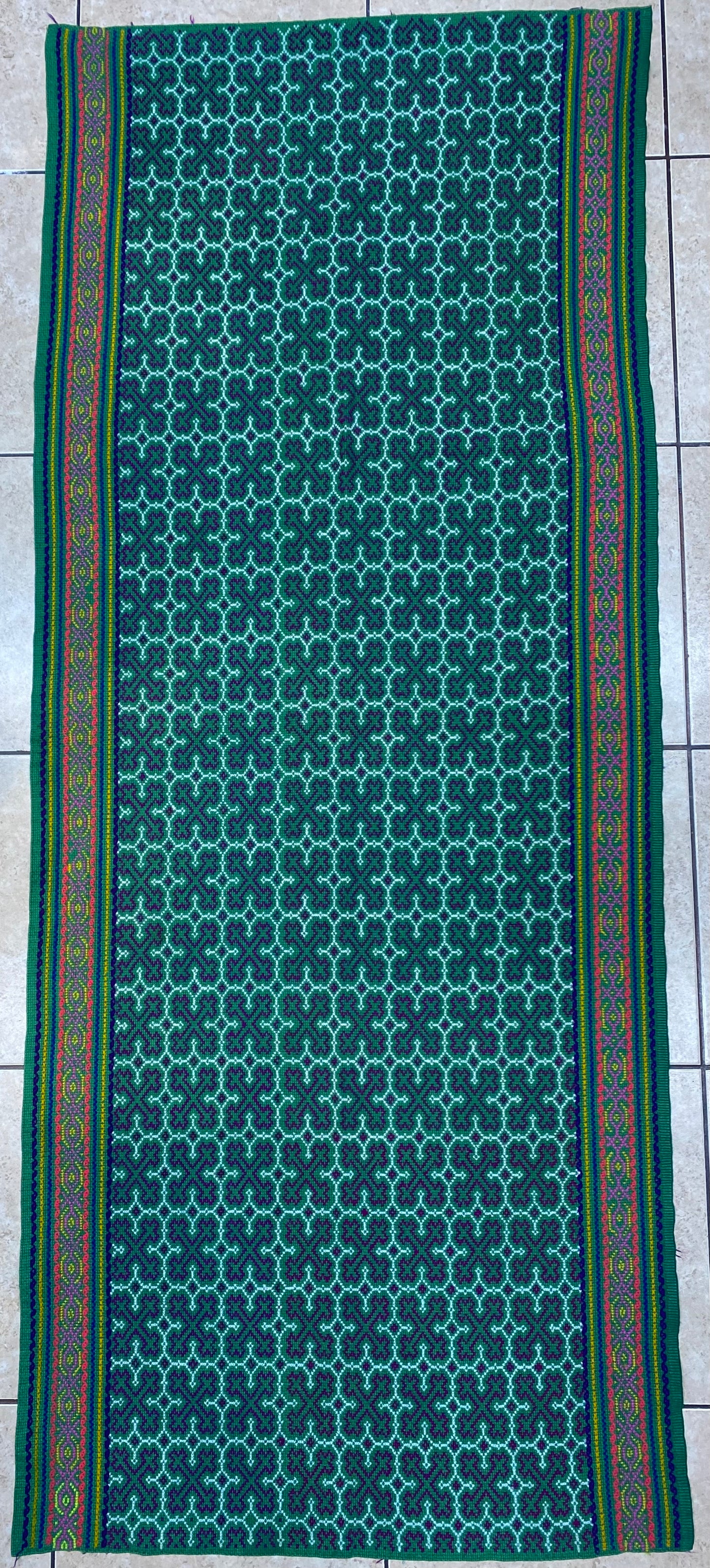Shipibo Conibo Kené Tabletop Tapestry Hand Embroidered Peruvian Tablecloth Textile Ceremonial Amazonian Shamanic Altar 65”x 26”