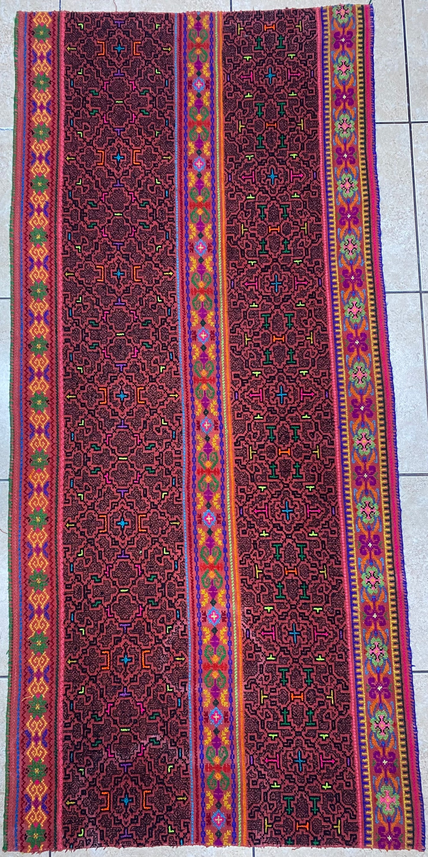 Shipibo Conibo Kené Tabletop Tapestry Hand Embroidered Peruvian Tablecloth Textile Ceremonial Amazonian Shamanic Altar 59”x 27”