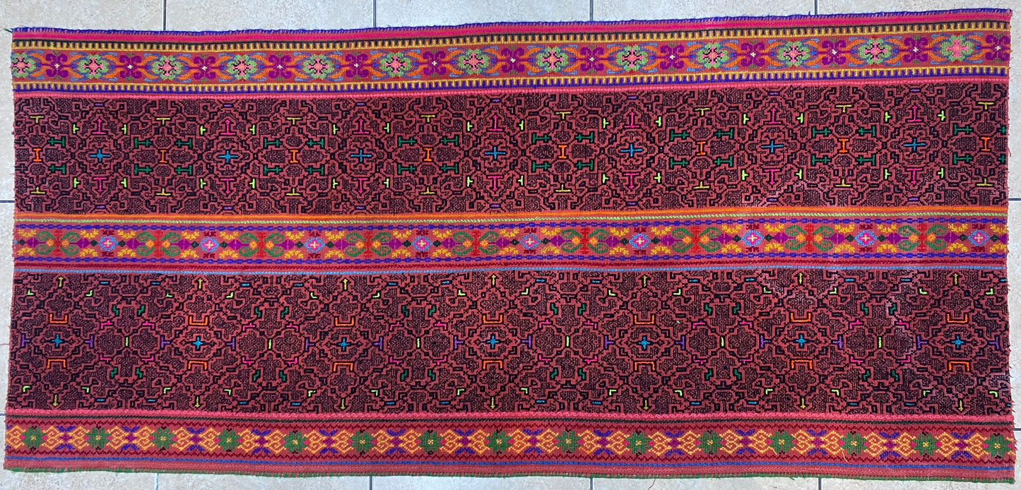 Shipibo Conibo Kené Tabletop Tapestry Hand Embroidered Peruvian Tablecloth Textile Ceremonial Amazonian Shamanic Altar 59”x 27”