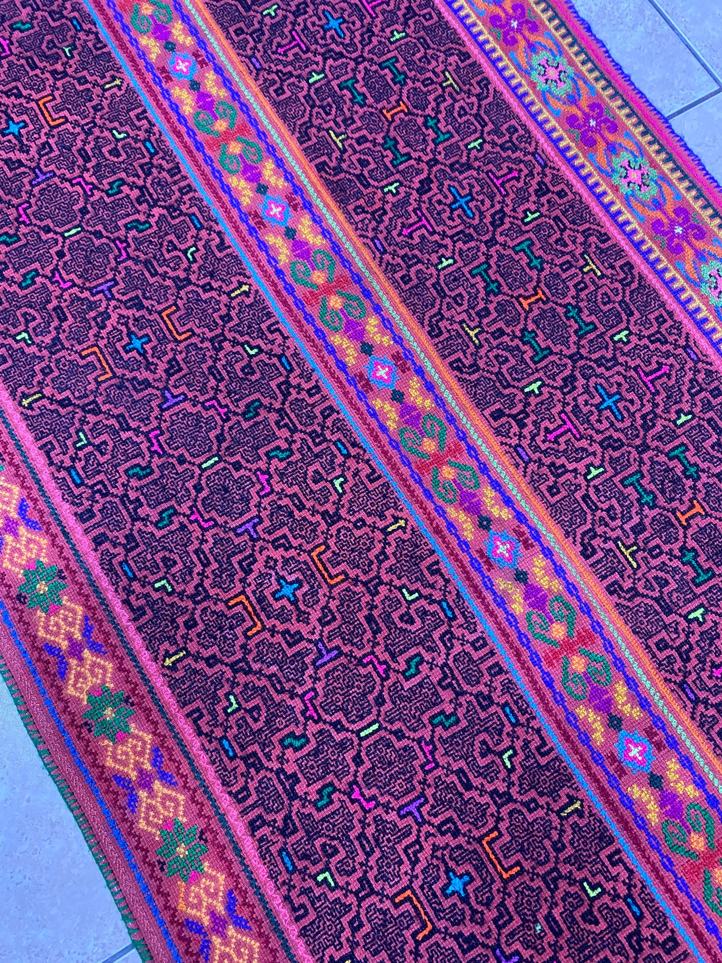 Shipibo Conibo Kené Tabletop Tapestry Hand Embroidered Peruvian Tablecloth Textile Ceremonial Amazonian Shamanic Altar 59”x 27”