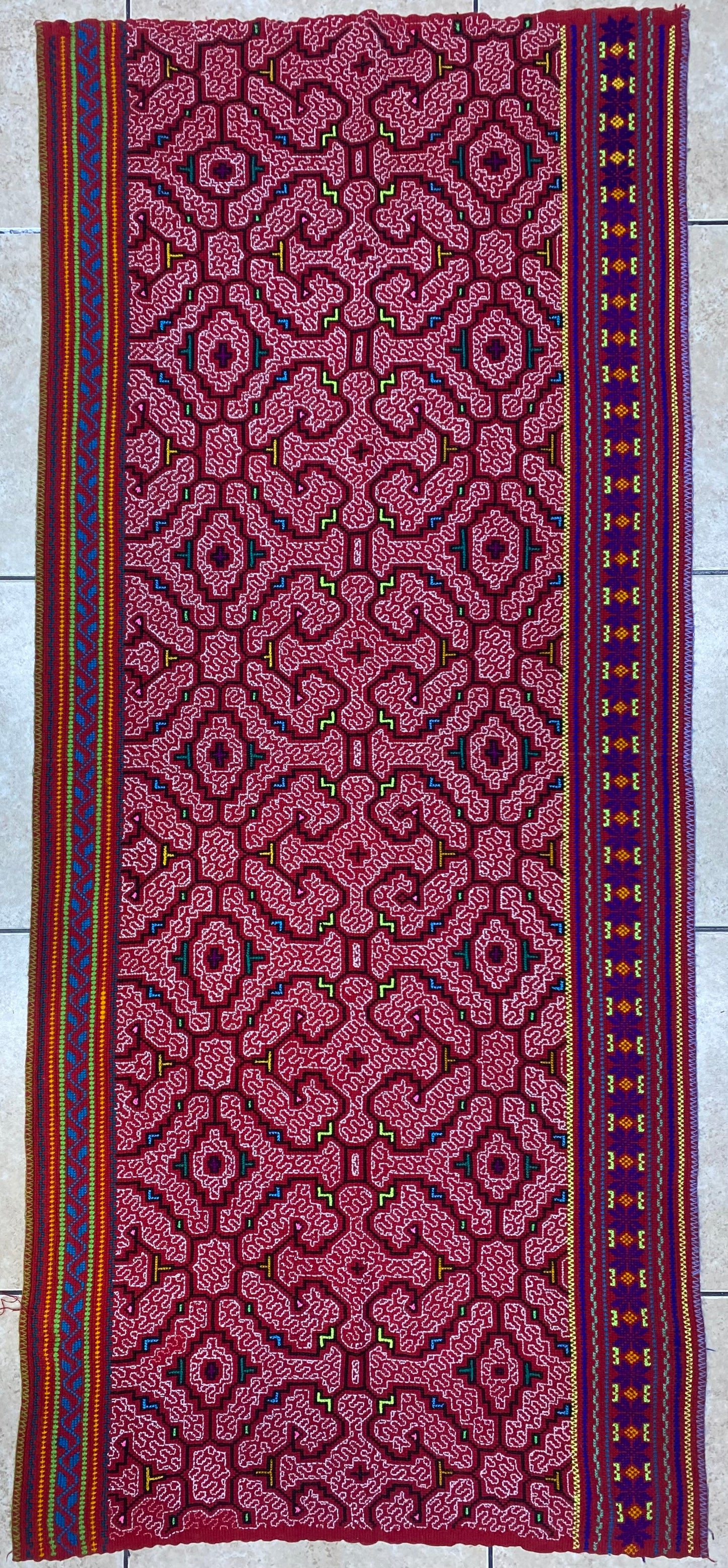 Shipibo Conibo Kené Tabletop Tapestry Hand Embroidered Peruvian Tablecloth Textile Ceremonial Amazonian Shamanic Altar 56”x 24”