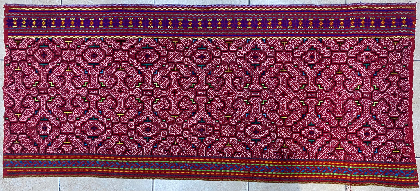 Shipibo Conibo Kené Tabletop Tapestry Hand Embroidered Peruvian Tablecloth Textile Ceremonial Amazonian Shamanic Altar 56”x 24”