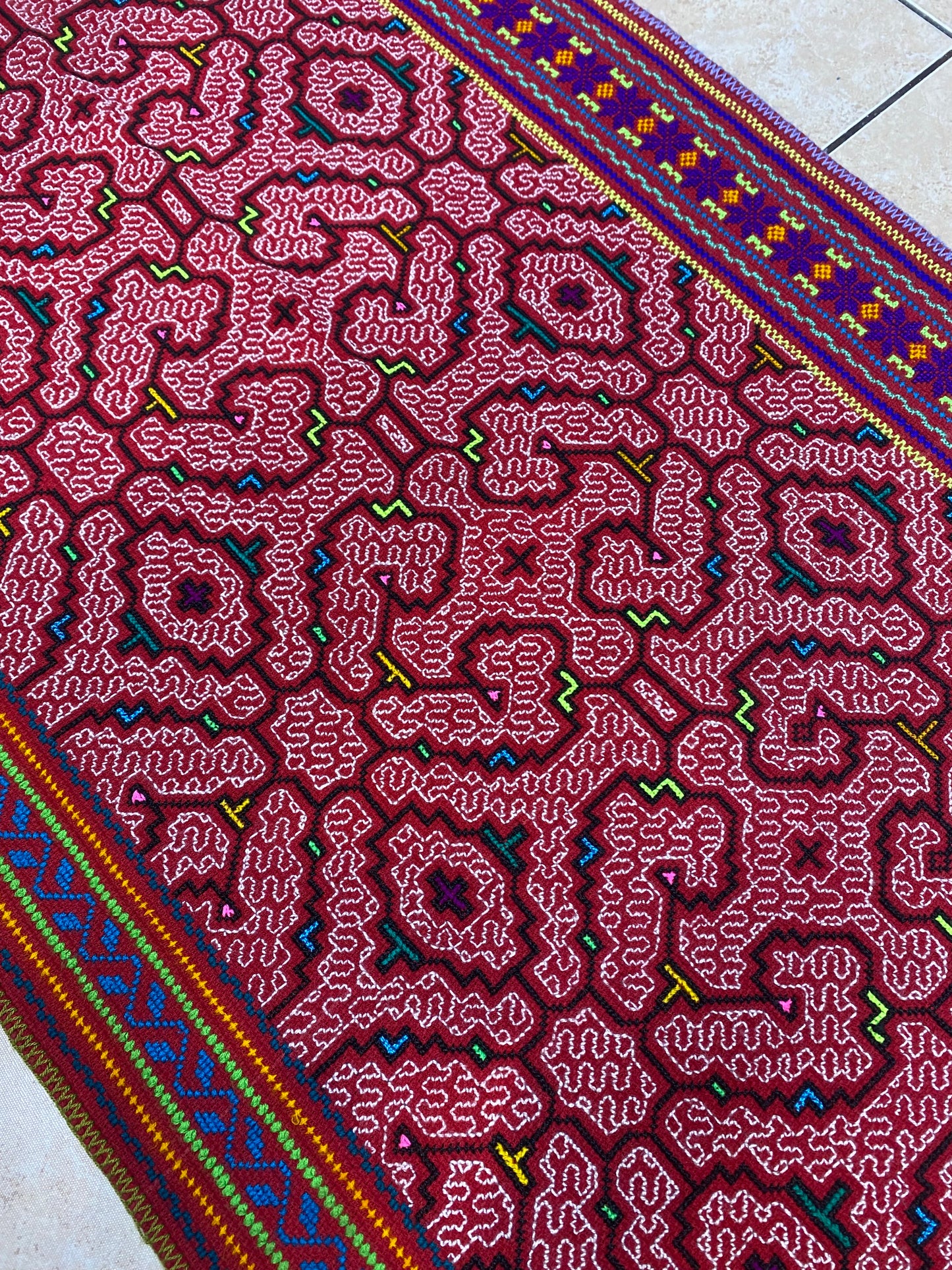 Shipibo Conibo Kené Tabletop Tapestry Hand Embroidered Peruvian Tablecloth Textile Ceremonial Amazonian Shamanic Altar 56”x 24”