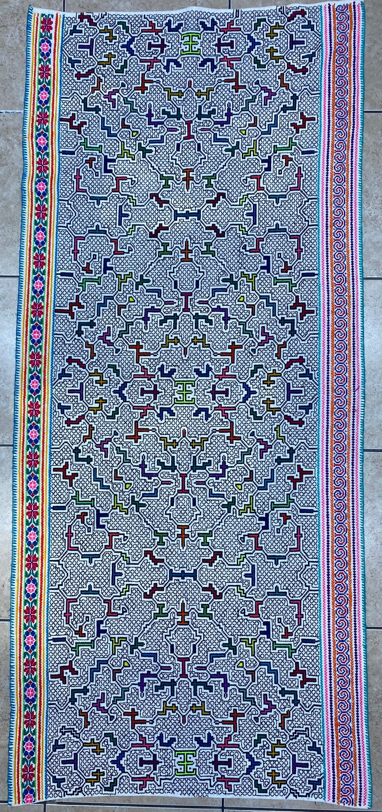 Shipibo Conibo Kené Tabletop Tapestry Hand Embroidered Peruvian Tablecloth Textile Ceremonial Amazonian Shamanic Altar 60”x 26”